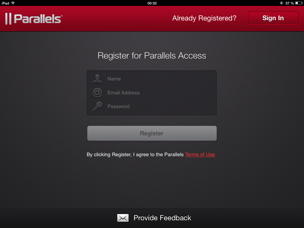 форма регистрации parallels access