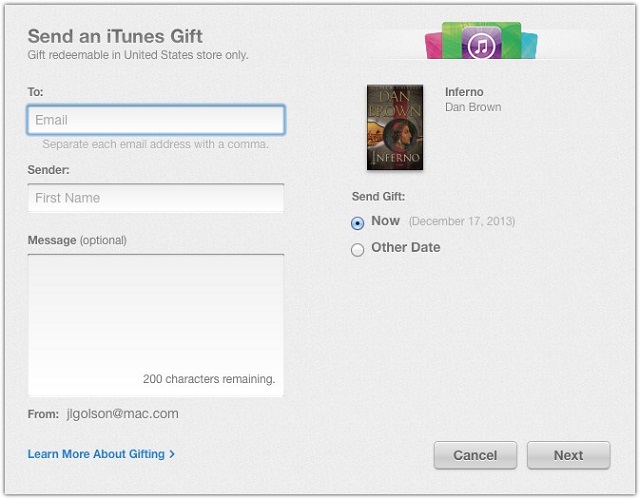 Apple позволила отправлять подарки в iBookstore