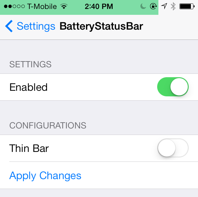Твик BatteryStatusBar добавляет оригинальную полоску с зарядом батареи в строку состояния