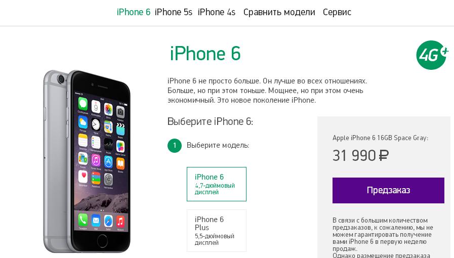 Заказ iPhone 6 на сайте Megafon