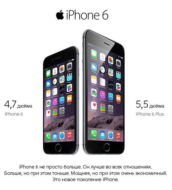 iPhone 6 с диагональю экрана 4,7 дюйма и iPhone 6 Plus с диагональю дисплея 5,5 дюймов