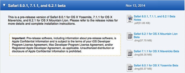 Apple выпустила бета-версии Safari 8.0.1, 7.1.1, и 6.2.1
