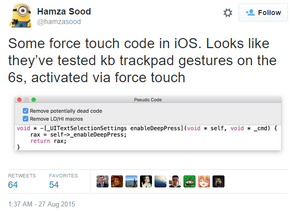 Упоминание о Force Touch найдено в коде iOS 9