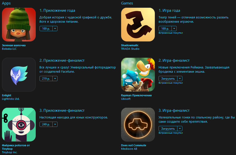 Apple опубликовала списки самых популярных приложений и игр года в российском App Store
