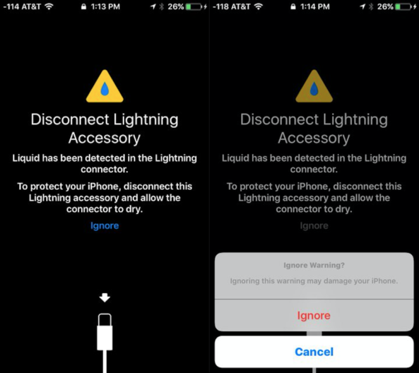 Новое в iOS 10: предупреждение о попадании воды на коннектор зарядного кабеля